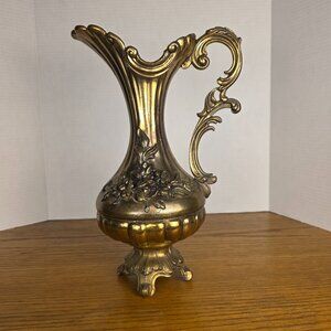 Vintage Italian Brass 12.5” tall Ewer Jug Vase with Ornate Handle